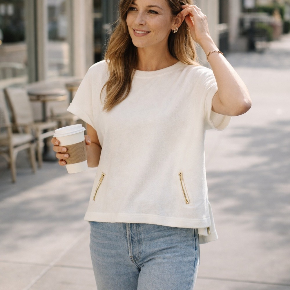 Tricotto Boxy Terry‎ Top White Gold Zip Detail Blouse Womens M Minimalist Clean
